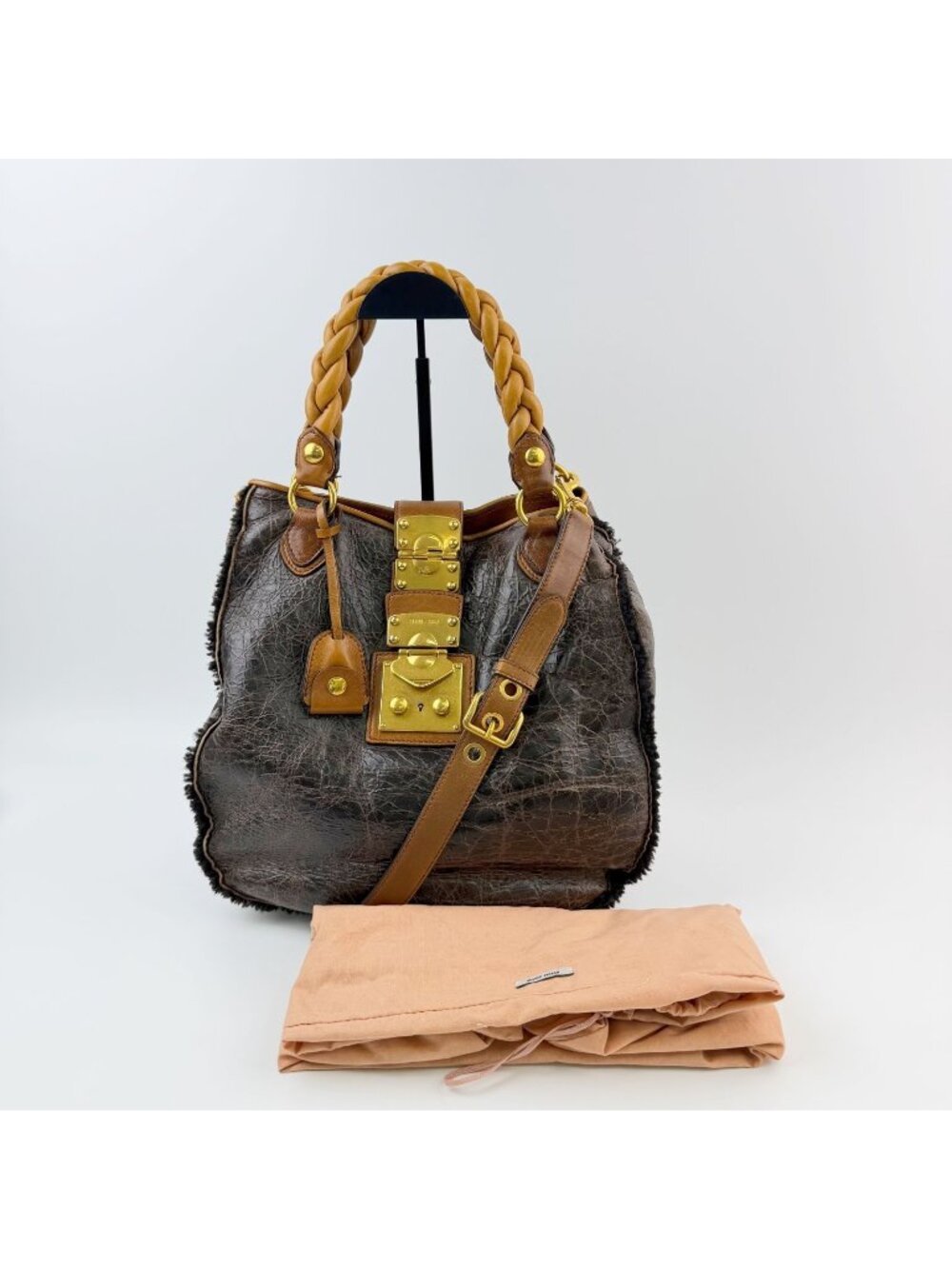 Miu Miu Lock Braided Handle 2-Way Shoulder Bag Shearling Leather Dark Brown